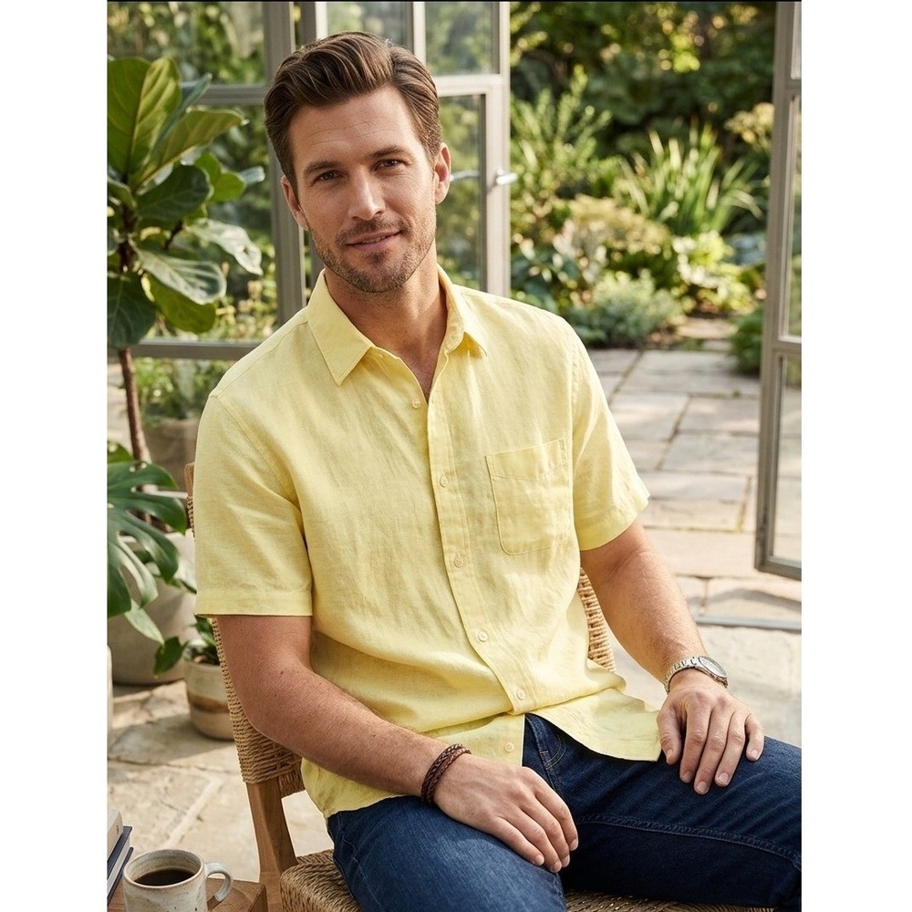 Lands End Linen Traditional Fit Short‎ Sleeve Button Down Shirt Men's L Yellow